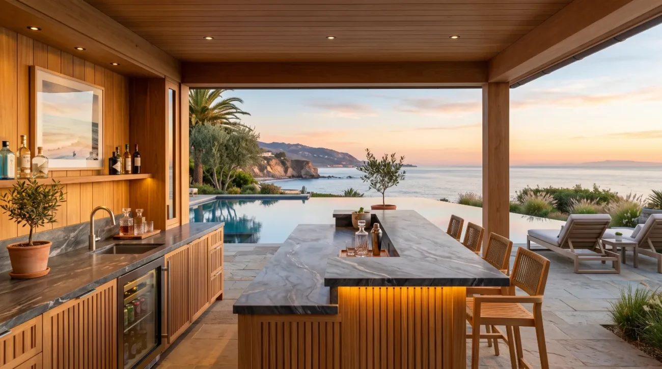 teak pool house
