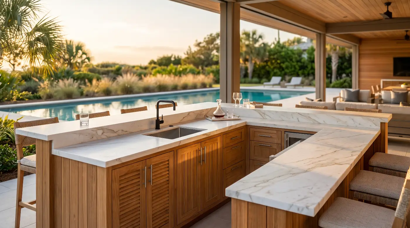 pool house teak bar