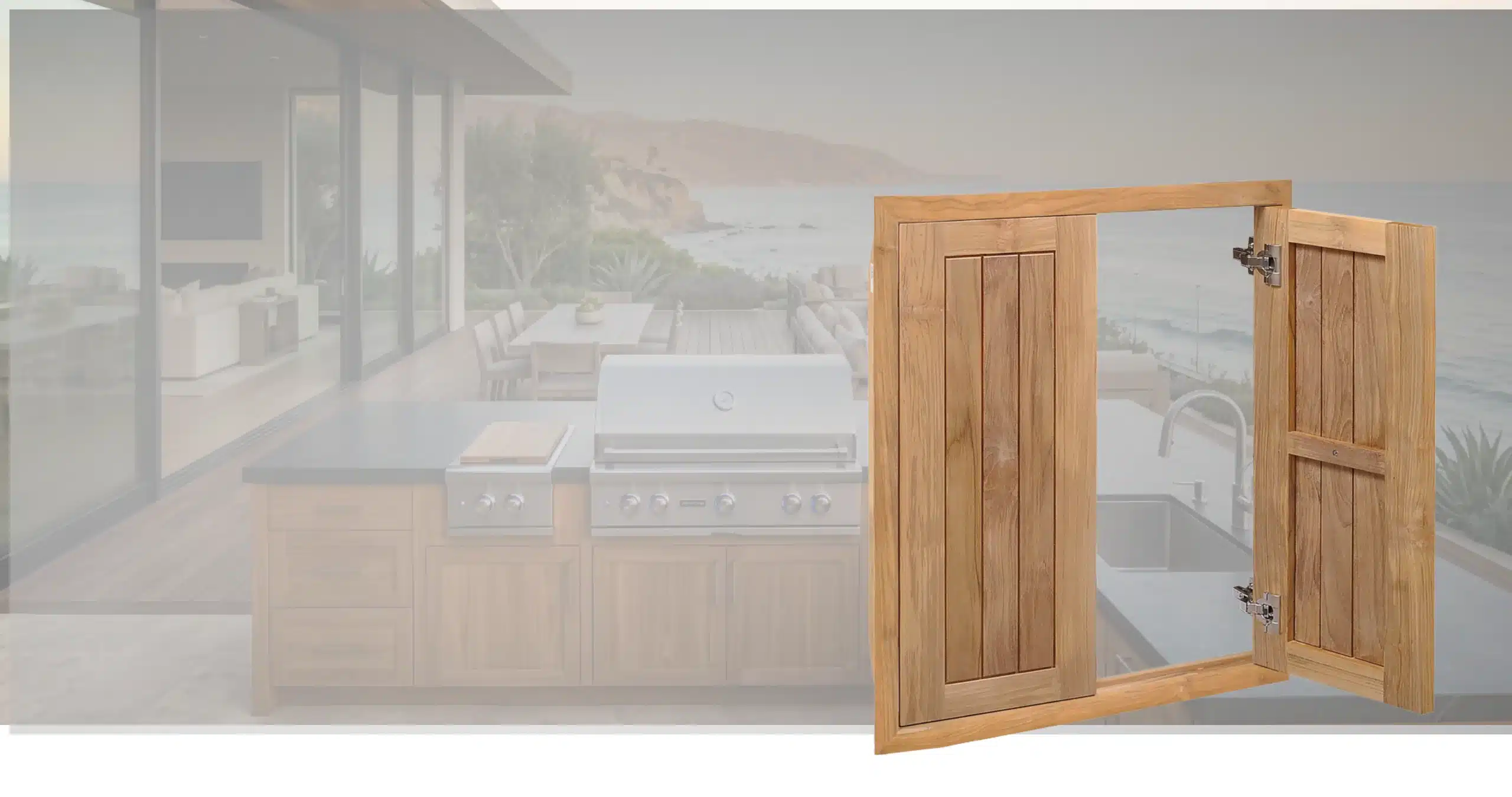 Solid teak wall cabinet with plank doors open - Pacific Teak Millworks