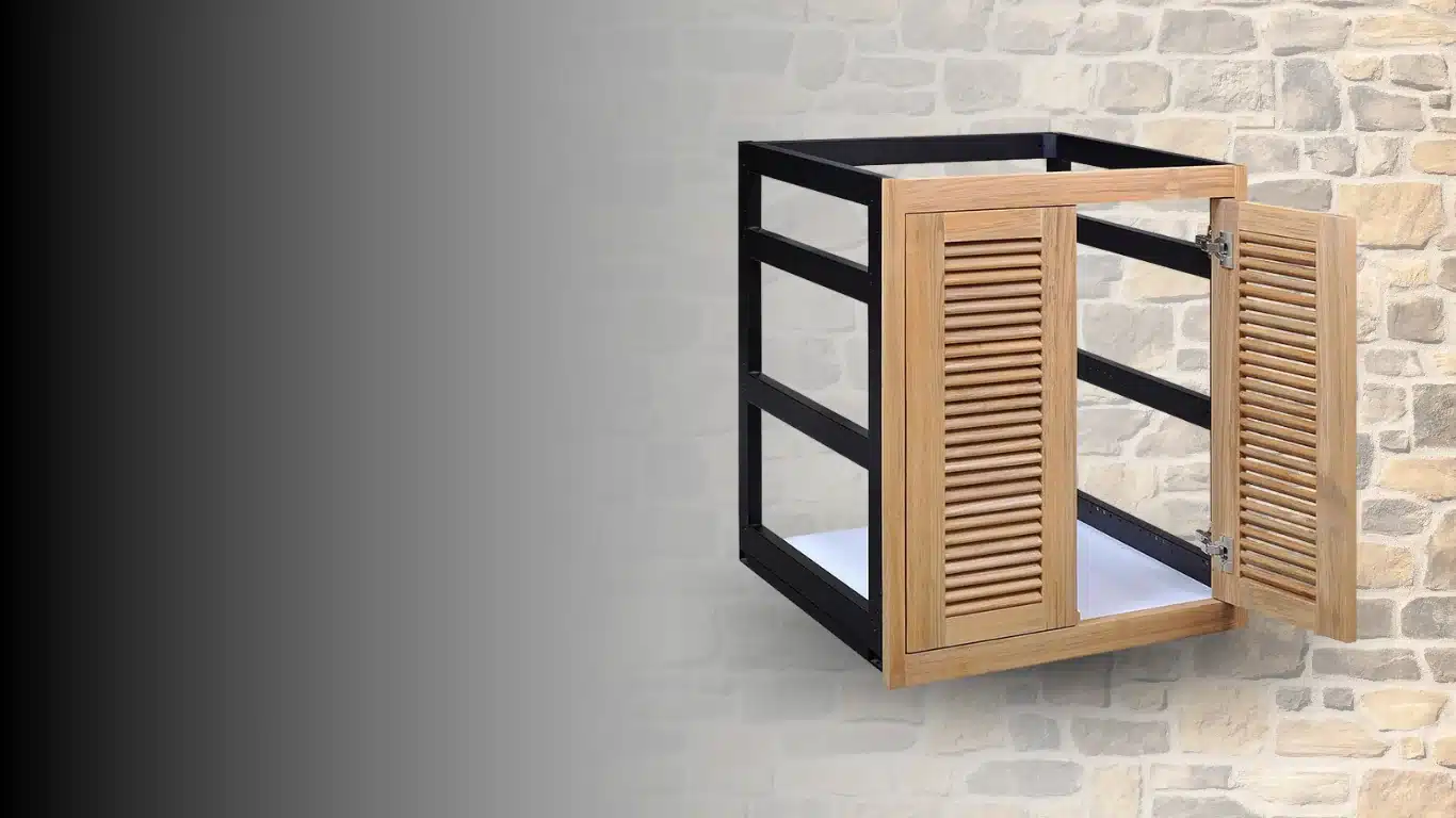 Solid teak louvered base cabinet on black frame - Pacific Teak Millworks