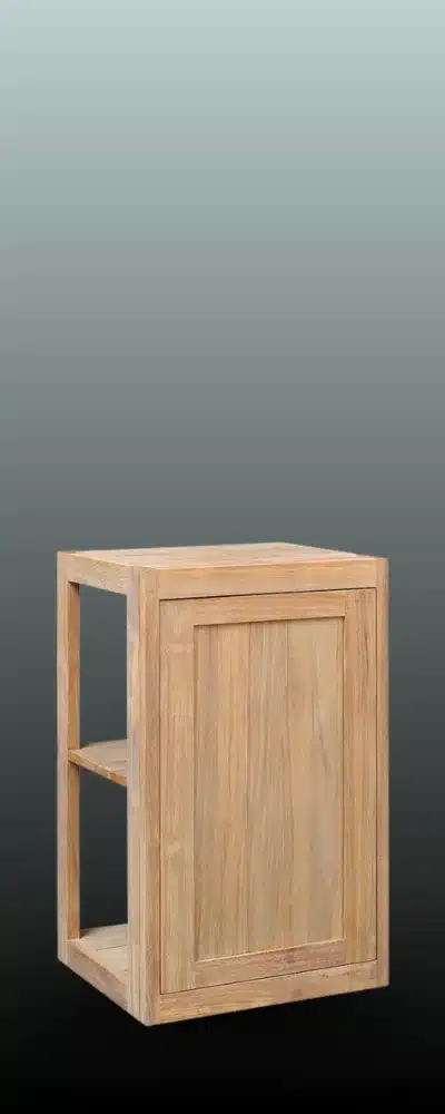 Solid teak wall cabinet with inset shaker door and open side shelf - Pacific Teak Millworks